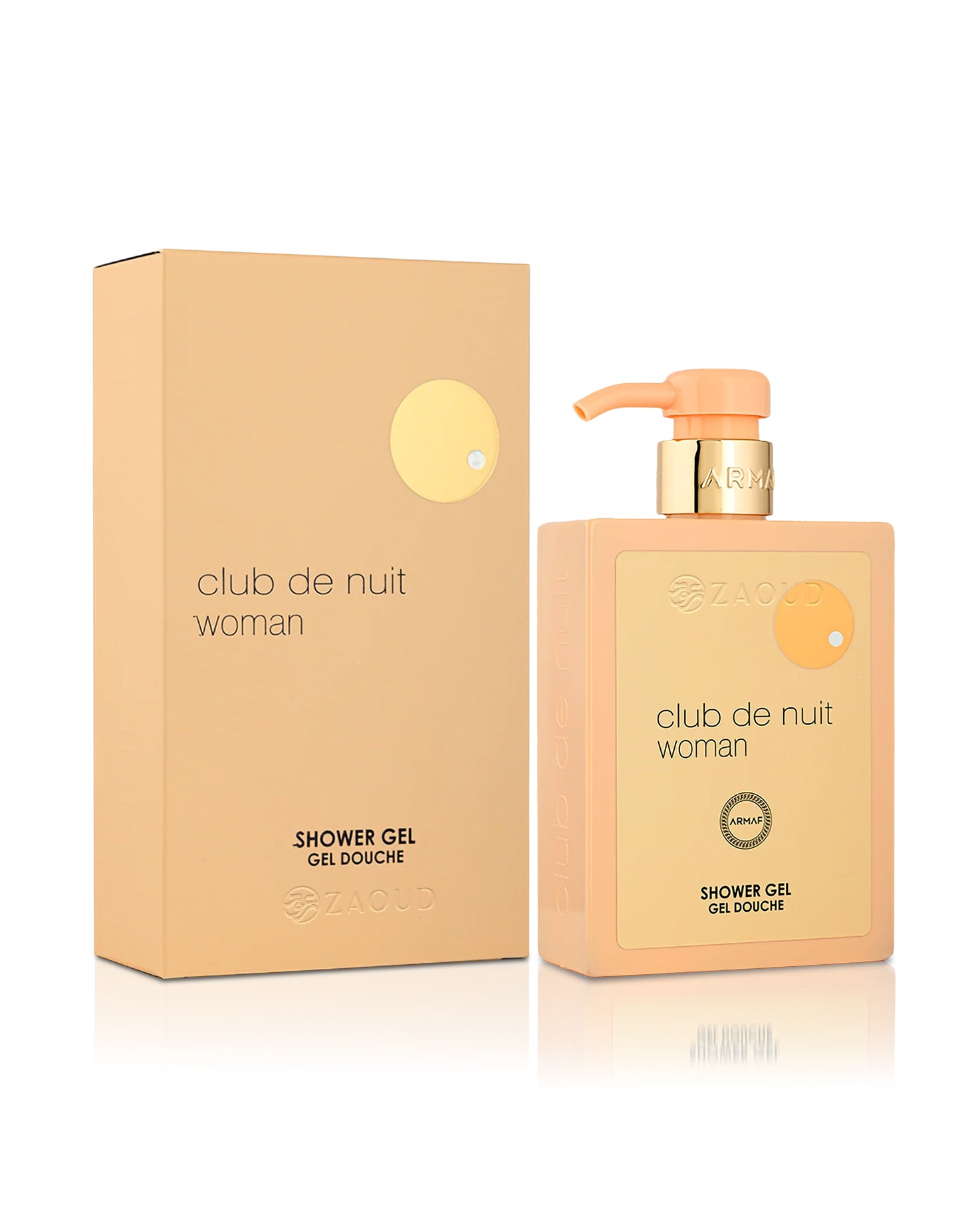 armaf club de nuit woman shower gel bottle shows beside its packaging against white background