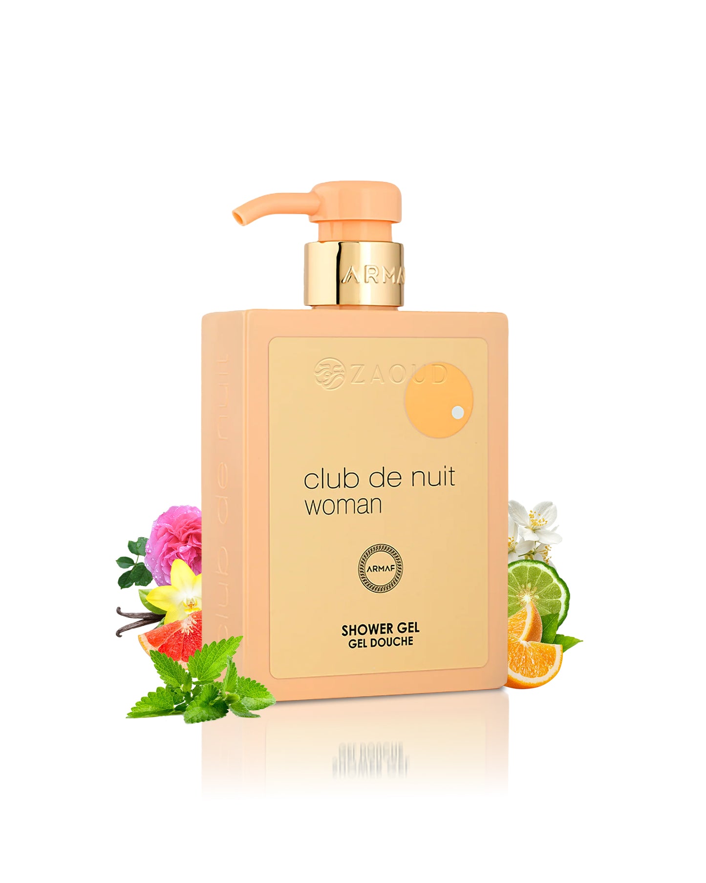armaf club de nuit woman shower gel bottle surrounded with orange and vanilla  shows against white background
