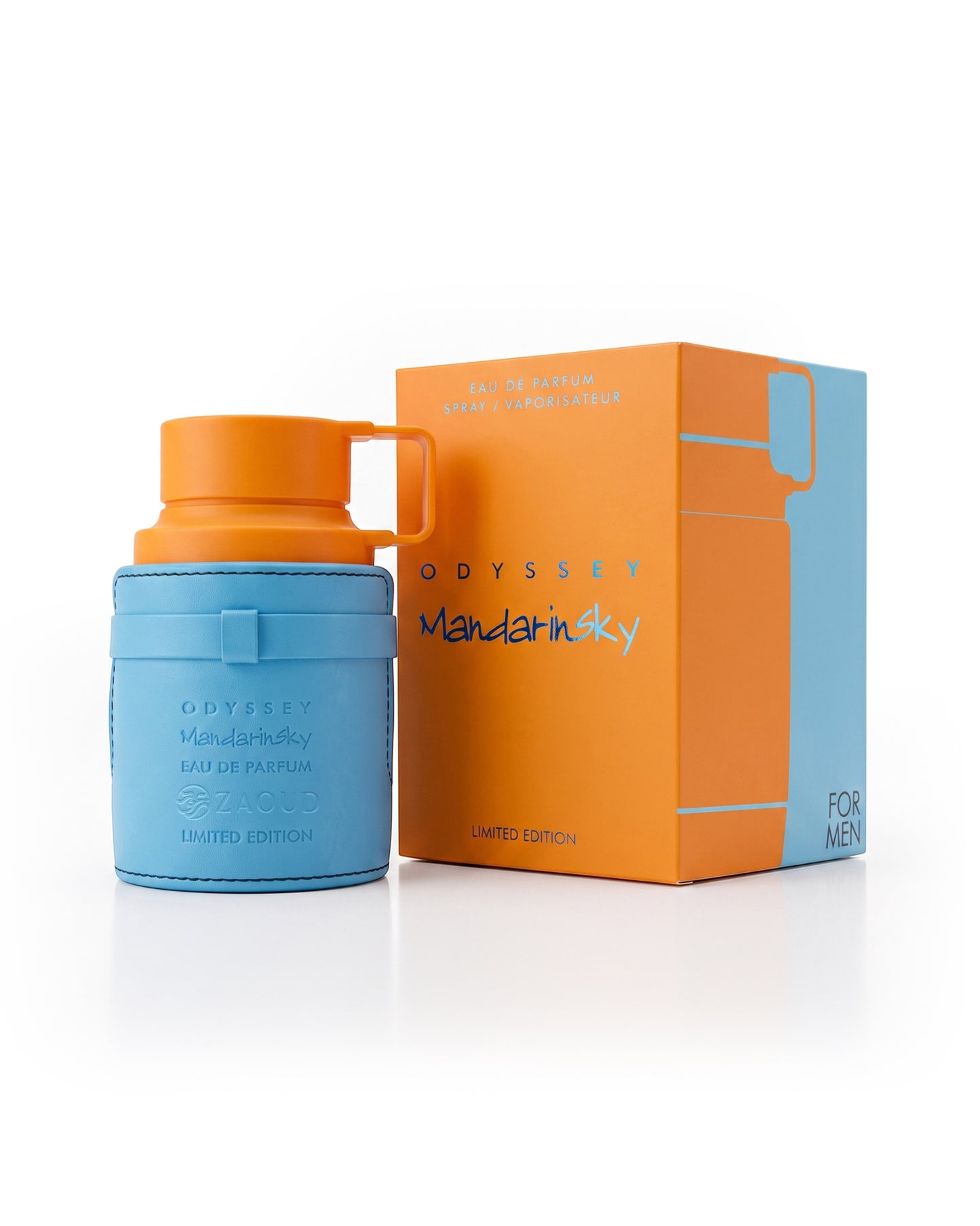 armaf odyssey mandarin sky limited edition perfume bottle shows beside its packaging against white background
