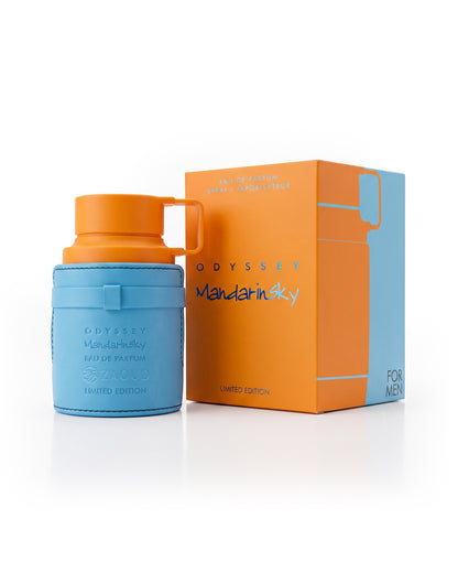 armaf odyssey mandarin sky limited edition perfume bottle shows beside its packaging against white background