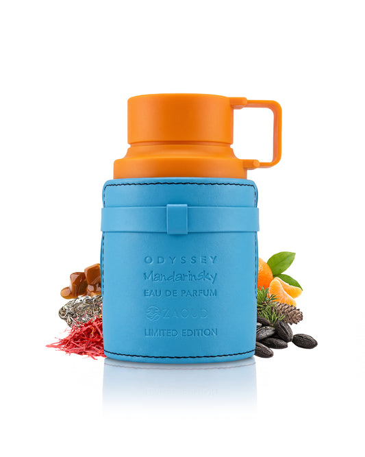 armaf odyssey mandarin sky limited edition perfume bottle surrounded with fragrance notes like saffron and orange shows against white background