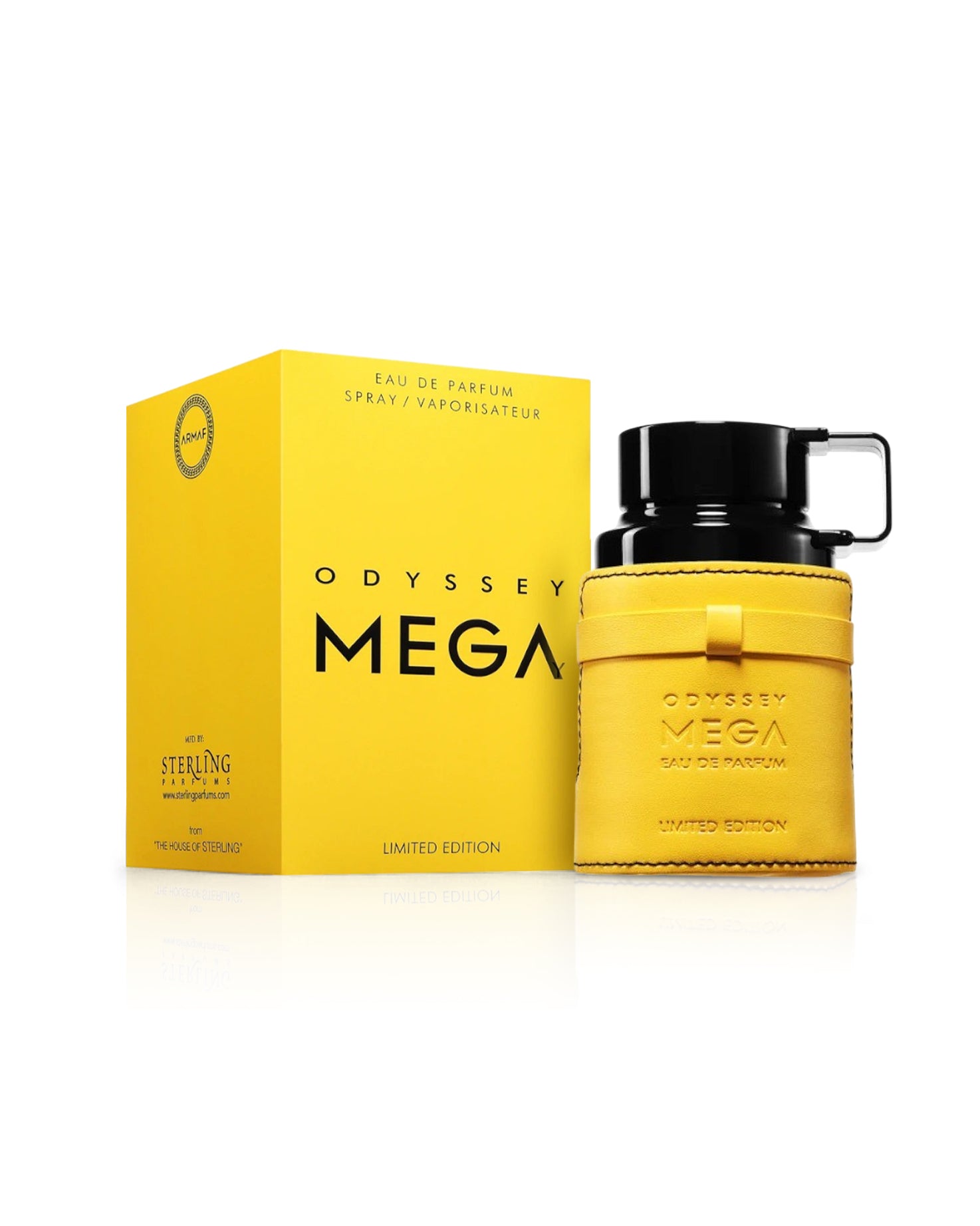 armaf odyssey mega perfume bottle beside its box shows against white background