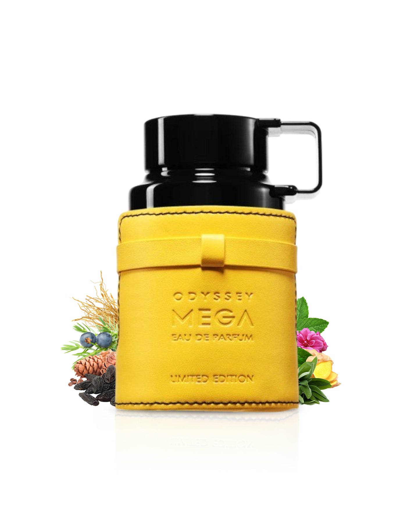 armaf odyssey mega perfume bottle surrounded by fragrance notes like sage and ginger shows against white background
