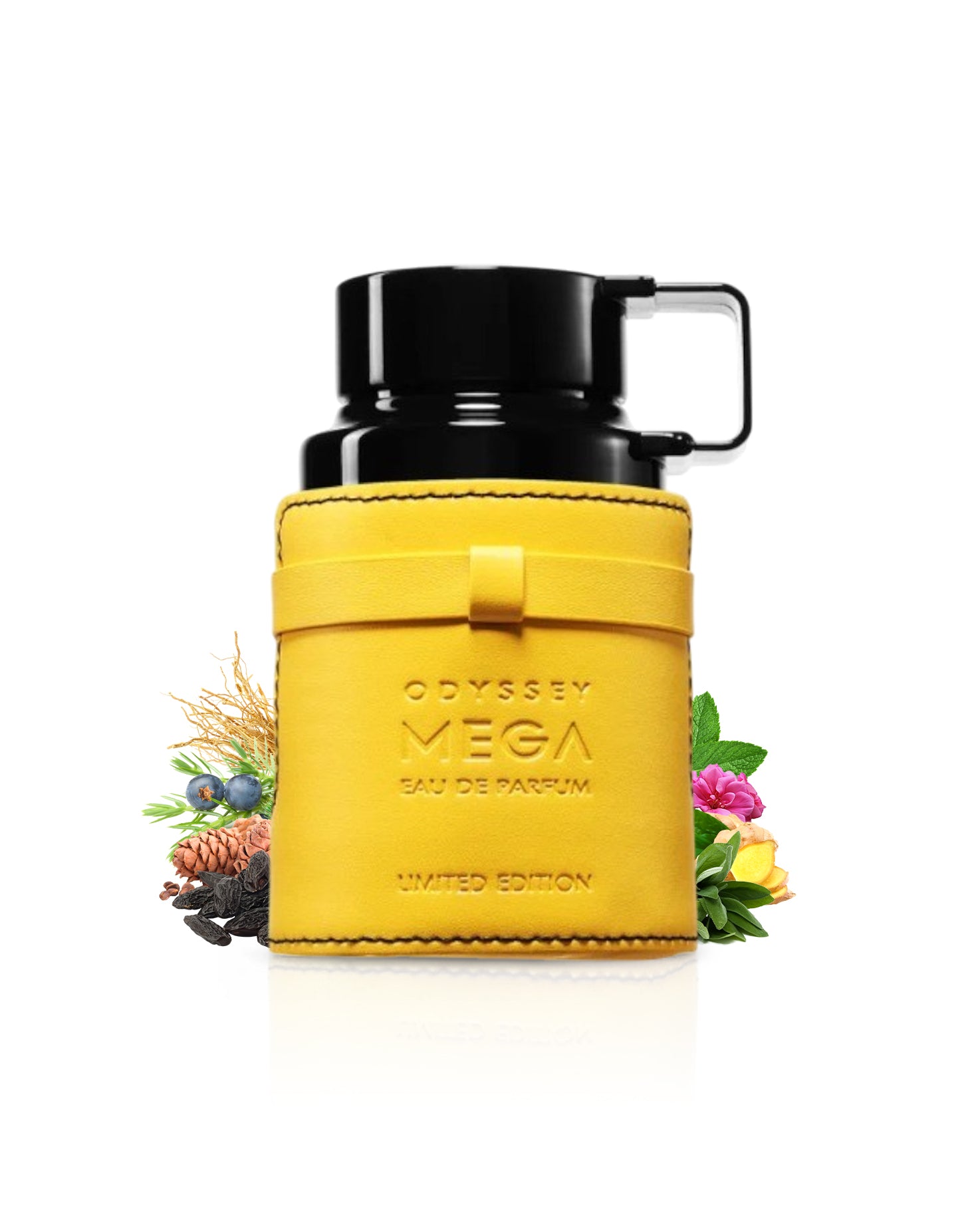 armaf odyssey mega perfume bottle surrounded by fragrance notes like sage and ginger shows against white background