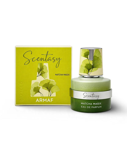 armaf Scentasy matcha magix perfume bottle shows beside its packaging against white background