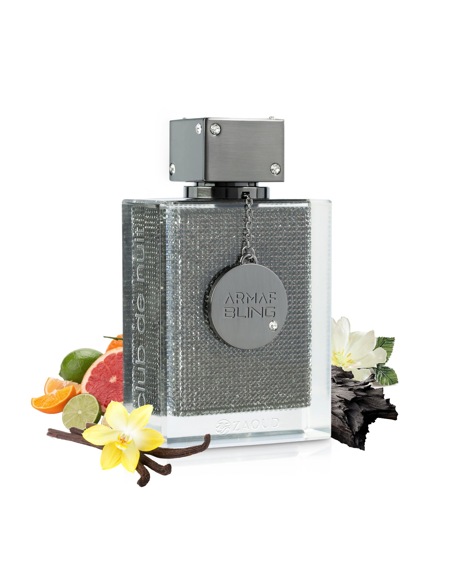 armaf bling perfume shiny bottle surrounded by fragrance notes like fruits and vanilla shows against white background