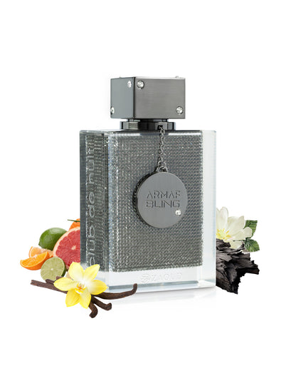 armaf bling perfume shiny bottle surrounded by fragrance notes like fruits and vanilla shows against white background