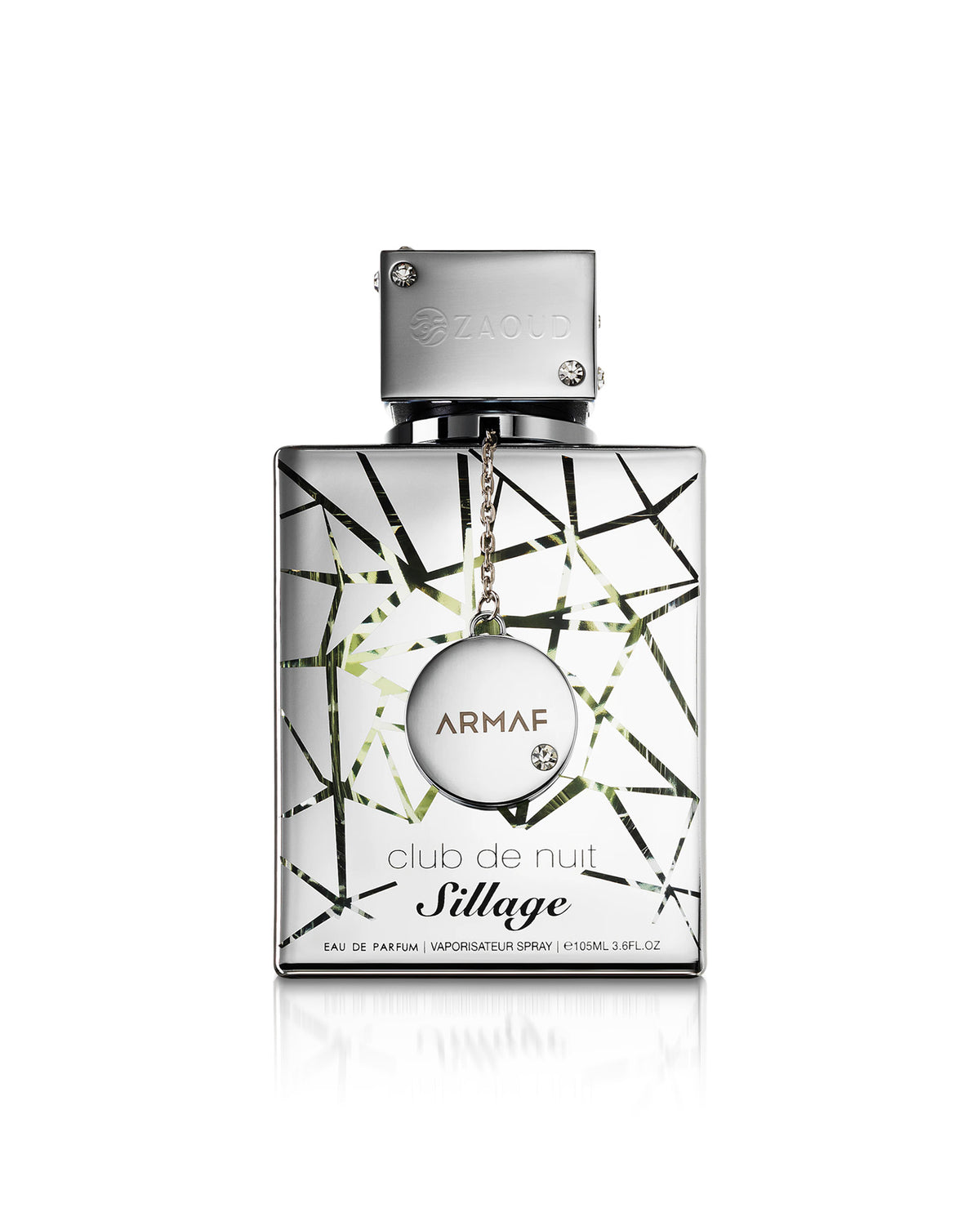 Armaf Club de Nuit Sillage Eau de Parfum bottle, featuring a silver rectangular glass body with a black and green geometric line pattern, a silver cap, and a hanging silver medallion with the brand name 'ARMAF' on a white background.