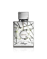 Armaf Club de Nuit Sillage Eau de Parfum bottle, featuring a silver rectangular glass body with a black and green geometric line pattern, a silver cap, and a hanging silver medallion with the brand name 'ARMAF' on a white background.