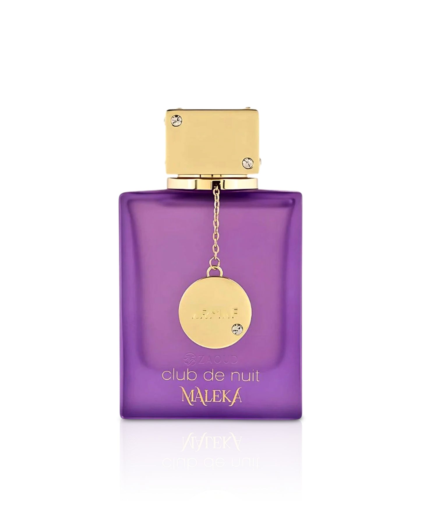 armaf maleka Purple perfume bottle with gold cap and 'Maleka' branding on a white background