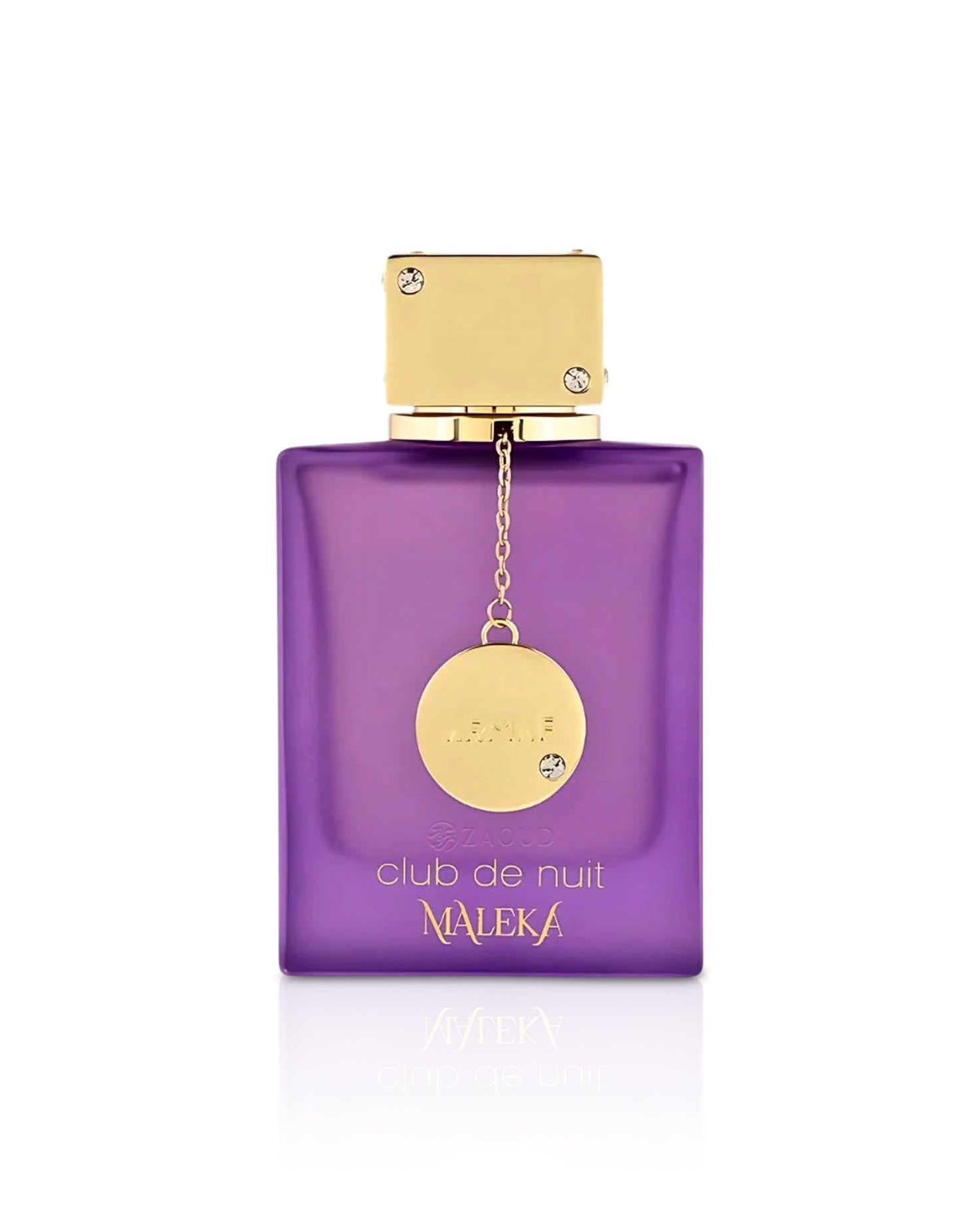 armaf maleka Purple perfume bottle with gold cap and 'Maleka' branding on a white background