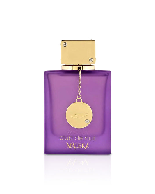 armaf maleka Purple perfume bottle with gold cap and 'Maleka' branding on a white background