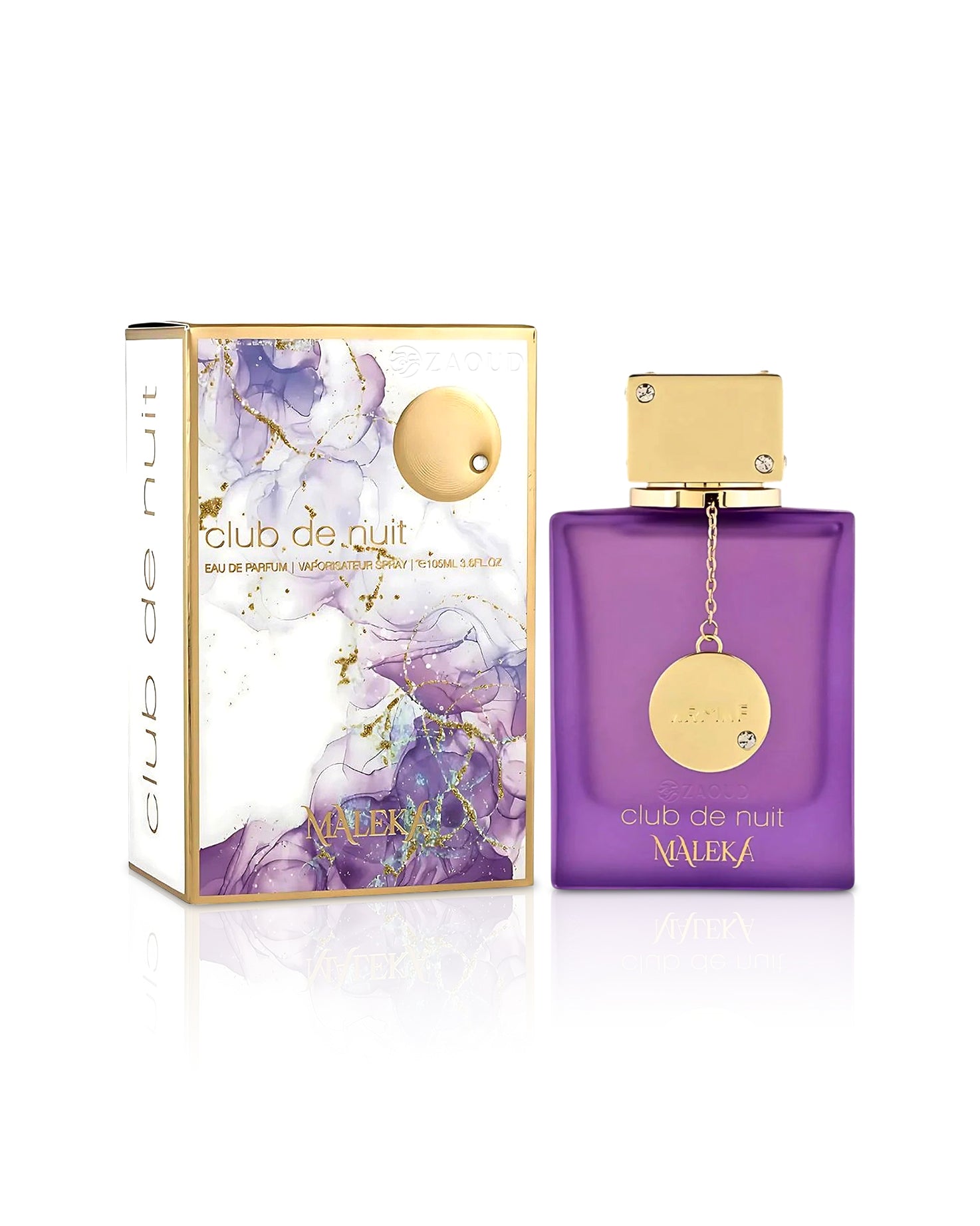 armaf maleka perfume bottle and packaging on a white background