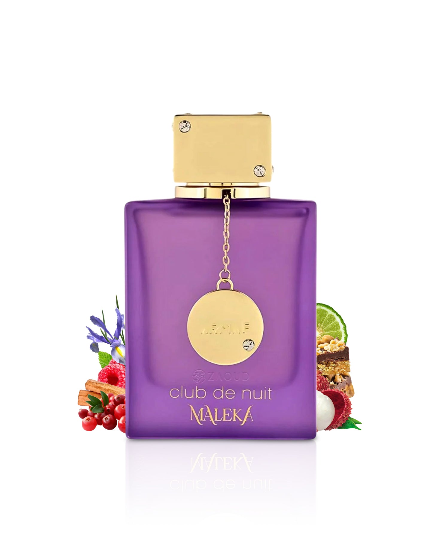 armaf maleka Purple perfume bottle with gold cap surrounded by fragrance notes like litchie and pink pepper shows  against  white background