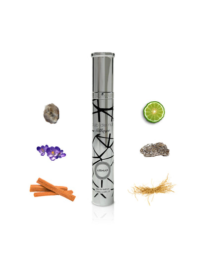 club de nuit sillage by armaf 10ml bottle surrounded with its ingredients like citrus and ambergris ùshows against white background