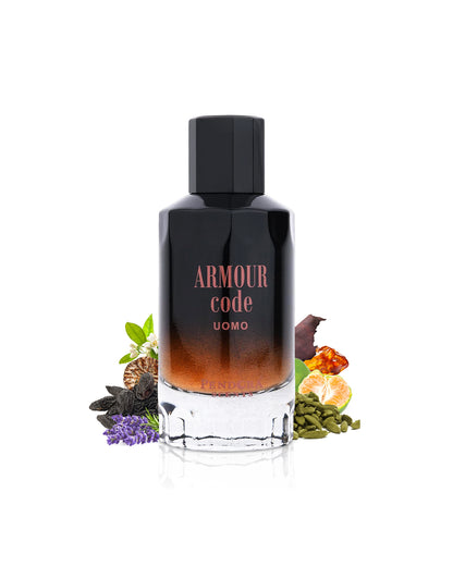 paris corner armour code uomo perfume bottle surrounded with it's fragrance notes like iris and cardamom shows from behind the bottle against white background