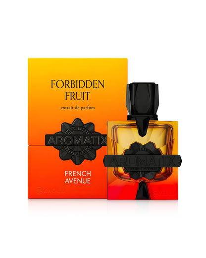 aromatix forbidden fruit perfume bottle shows beside its packaging against white background