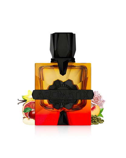 aromatix forbidden fruit perfume bottle surrounded by fragrance notes like apple and peach shows against white background