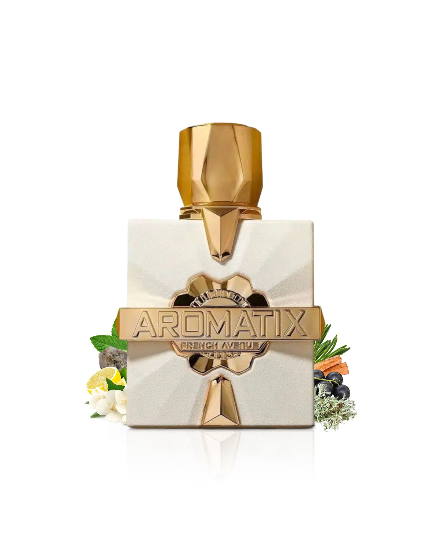 aromatix platine blanc perfume bottle surrounded-by-fragrance notes like lemon and mossy shows against white background