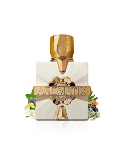 aromatix platine blanc perfume bottle surrounded-by-fragrance notes like lemon and mossy shows against white background