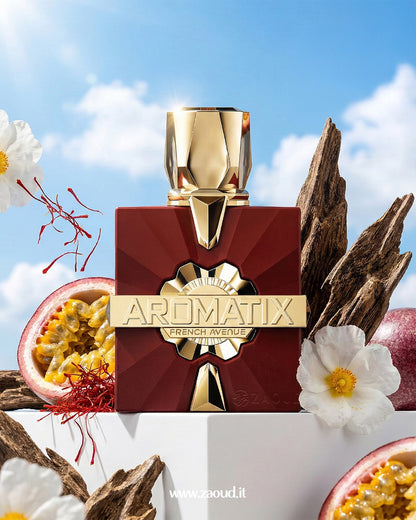 Aromatix perfume bottle with floral and fruit elements against a blue sky background