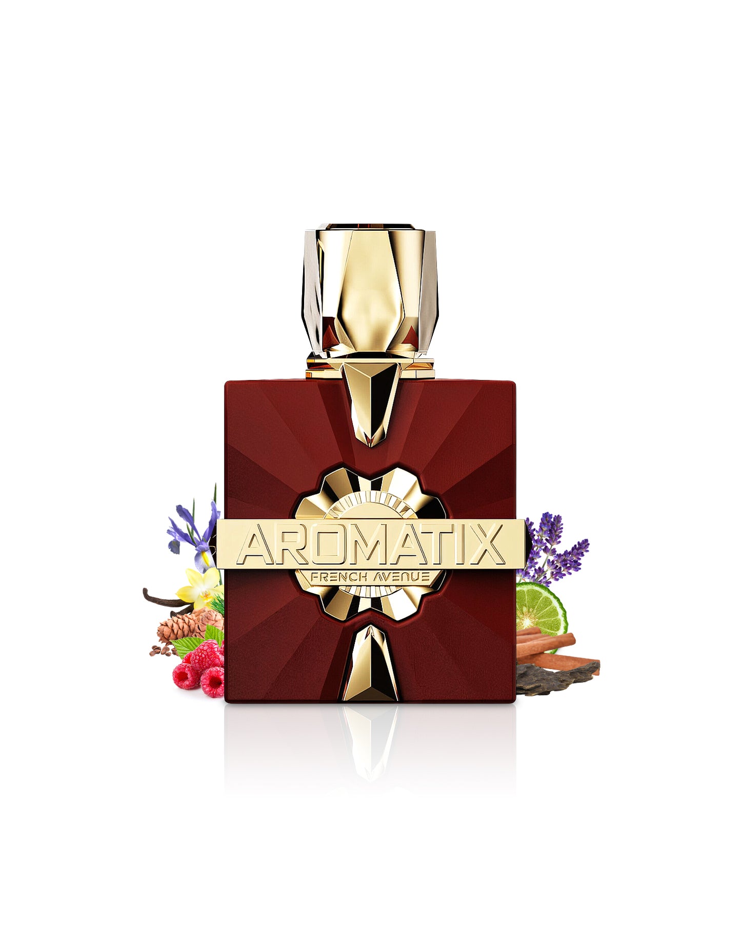 aromatix carnal desire perfume bottle surrounded with fragrance notes like oud and fruits shows against white background