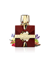 aromatix carnal desire perfume bottle surrounded with fragrance notes like oud and fruits shows against white background