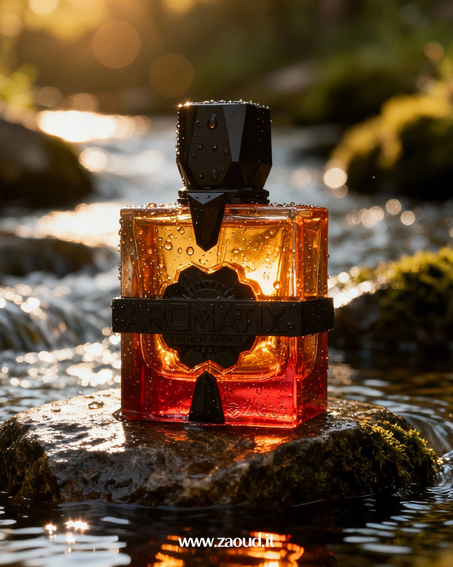 FRENCH AVENUE AROMATIX FORBIDDEN FRUIT perfume bottle captured outdoors at golden hour. The bottle is placed on a rock in a small stream, surrounded by sparkling water and soft, natural light, emphasizing a fresh, rich, and adventurous feel.