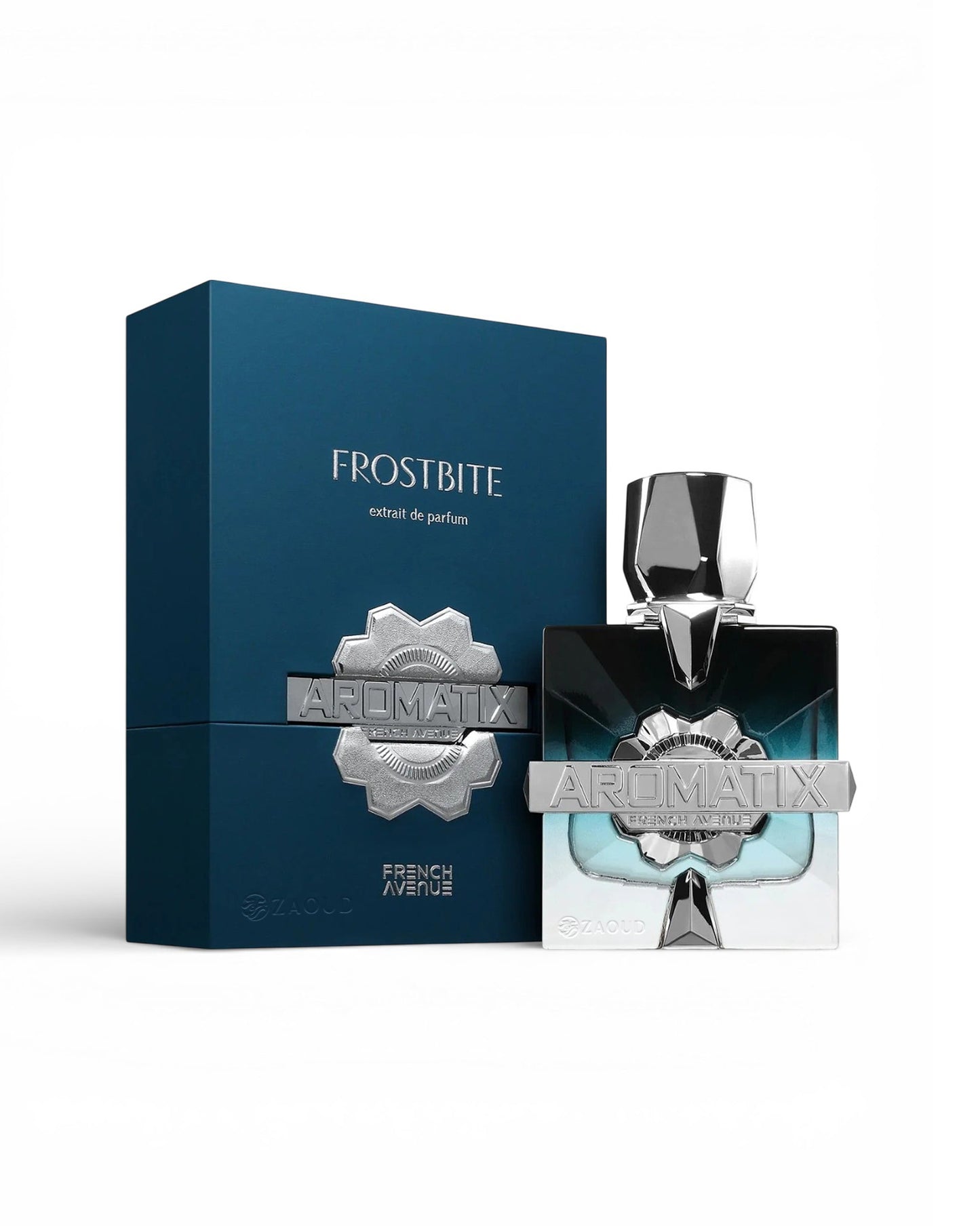 aromatix frostbite perfume bottle shows beside its packaging  against white background