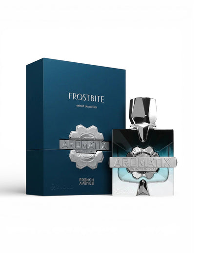 aromatix frostbite perfume bottle shows beside its packaging  against white background