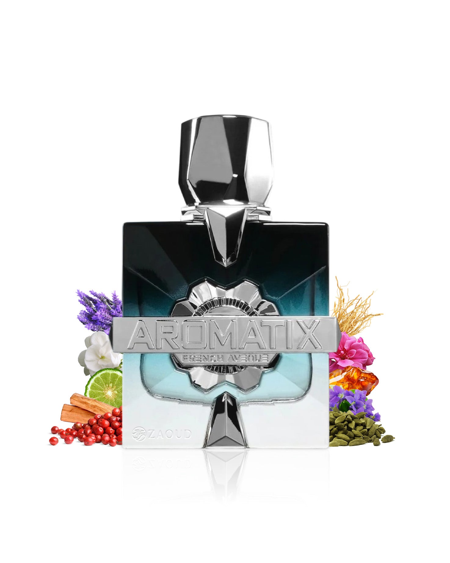 aromatix frostbite perfume bottle surrounded by fragrance notes like cardamom and lavender shows against white background