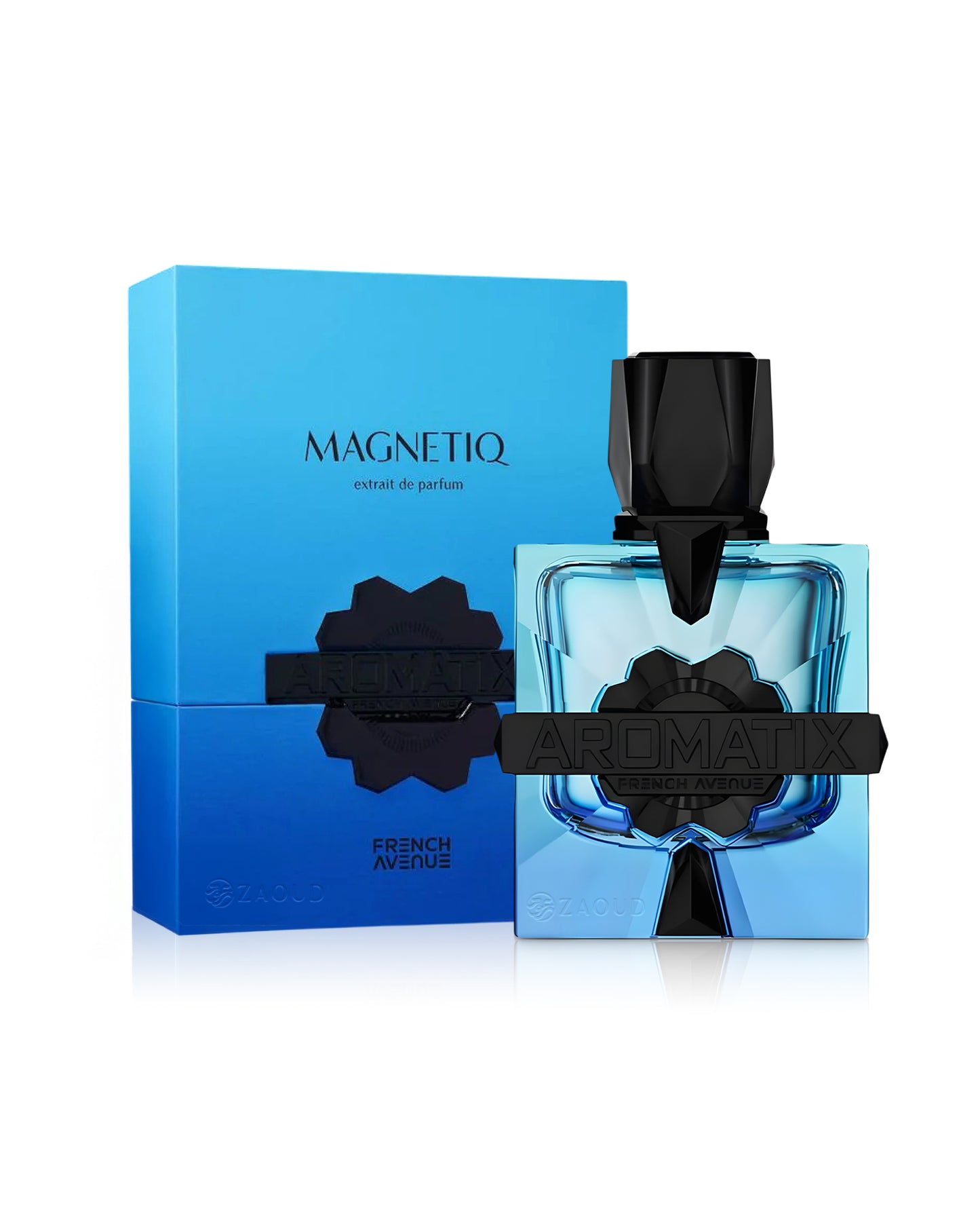aromatix magnetiq perfume bottle shows beside its packaging against white background