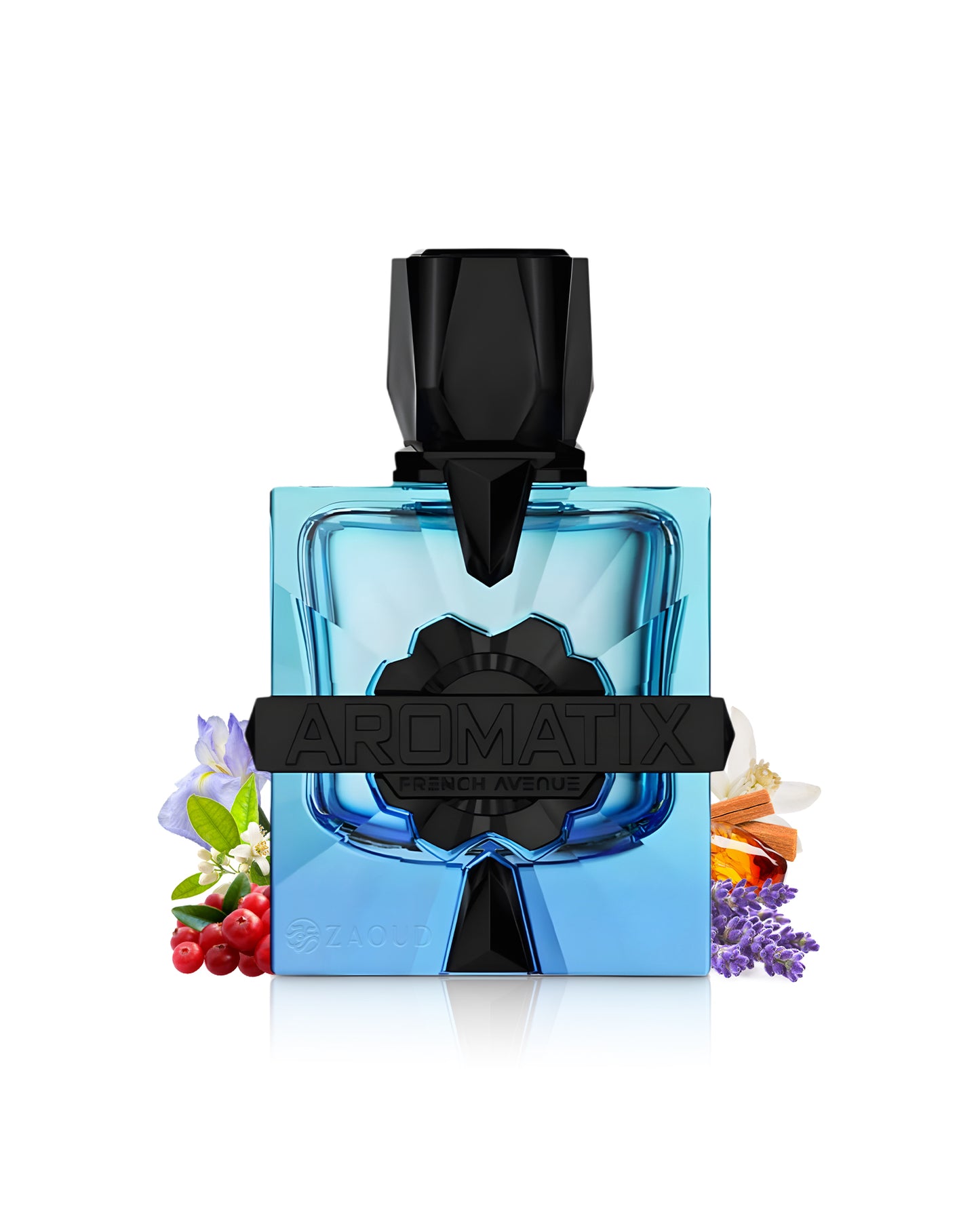aromatix magnetiq perfume bottle surrounded by fragrance notes like lavender and iris shows against white background