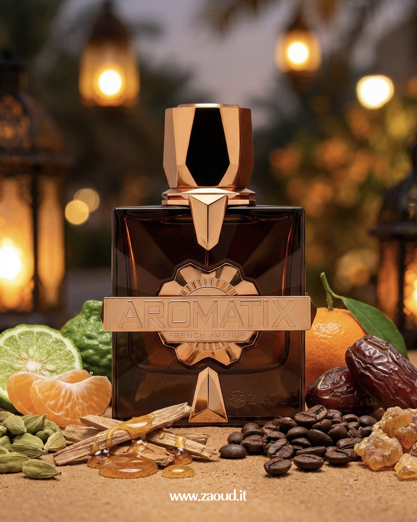 Aromatix perfume bottle with spices and fruits on a blurred background