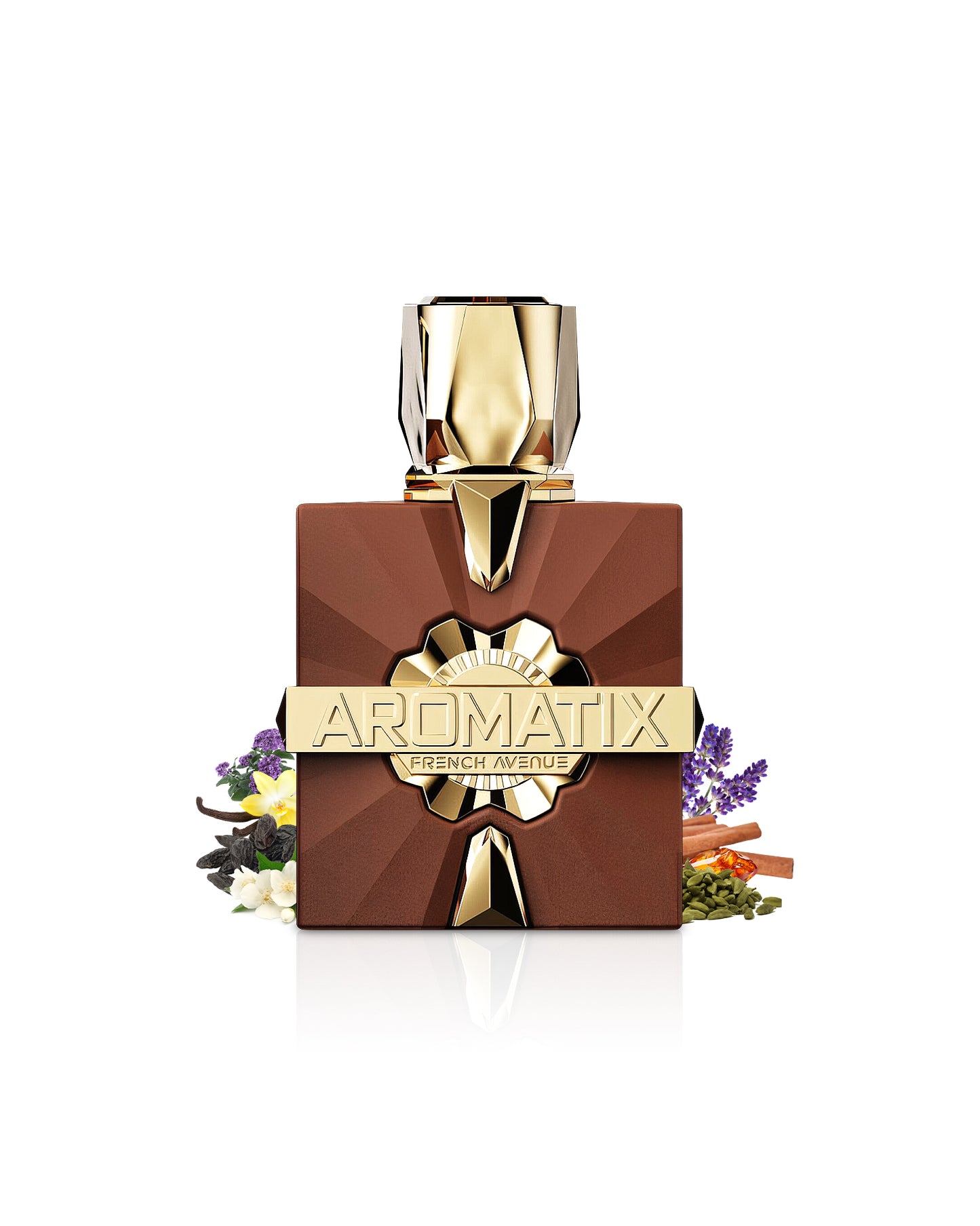 AROMATIX ROYAL TABOO PERFUME BOTTLE surrounded with fragrance notes like cardamom and jasmine SHOWS AGAINST WHITE BACKGROUND