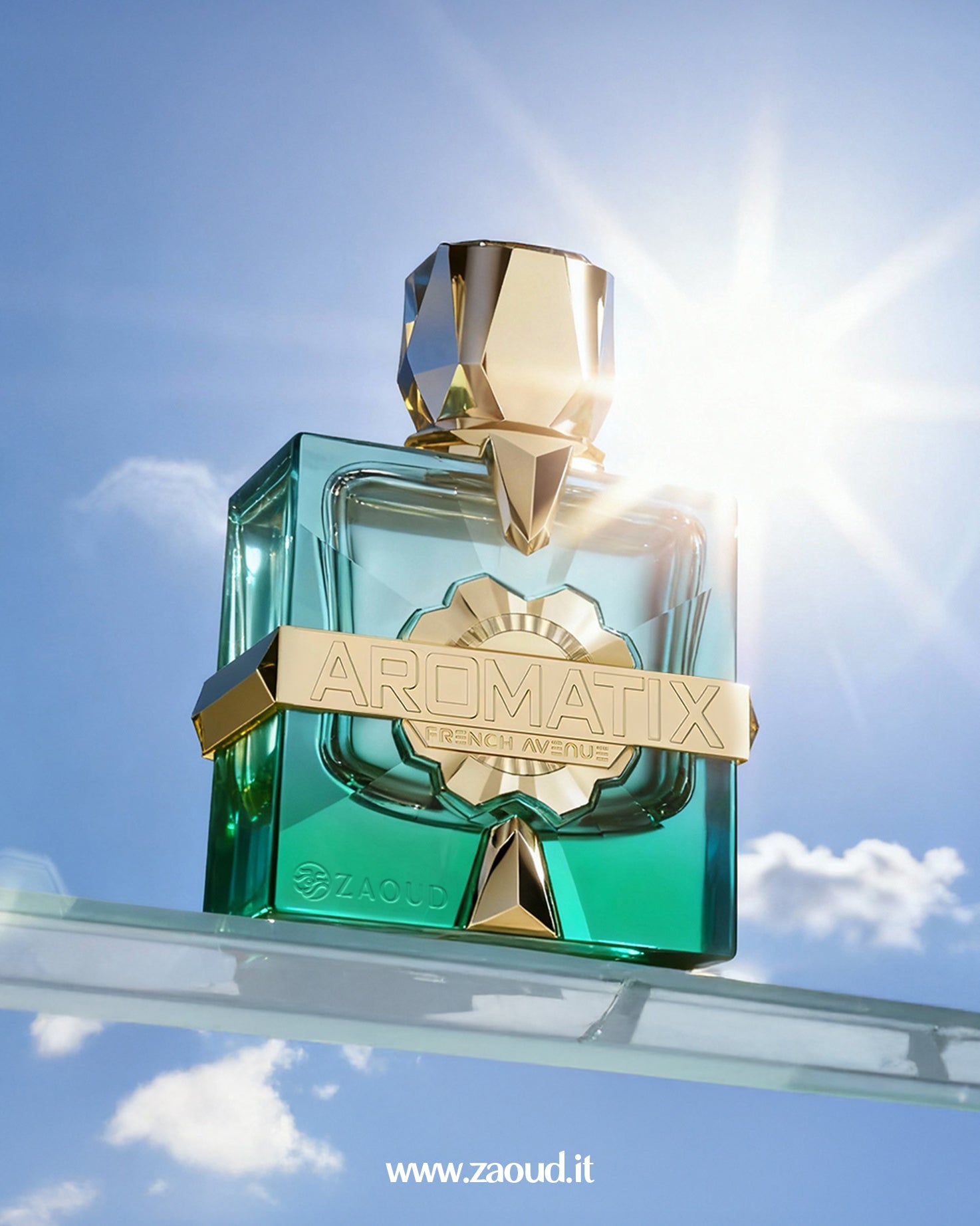 The AROMATIX FRENCH AVENUE Sun Kissed fragrance bottle by AROMATIX FRENCH AVENUE , captured in natural light against a brilliant blue sky with a dramatic sunburst.