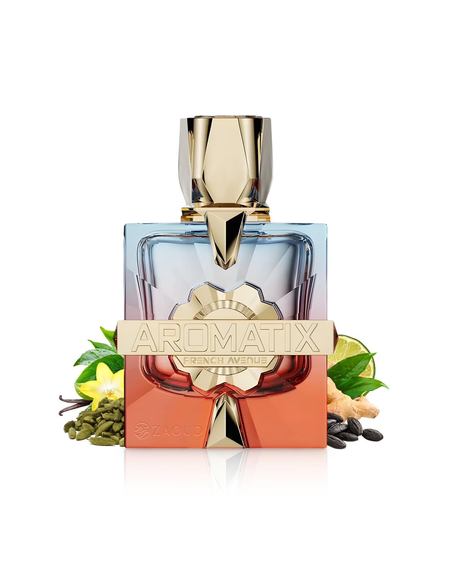 aromatix teas me perfume bottle surrounded by fragrance notes like cardamom and ginger shows against white background