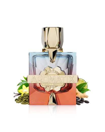 aromatix teas me perfume bottle surrounded by fragrance notes like cardamom and ginger shows against white background