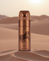 lattafa art of nature 2 deodorant bottle with horse design on sand dunes