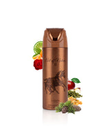 lattafa art of nature 2 deodorant bottle surrounded by fragrance notes like rose and amber shows against white background