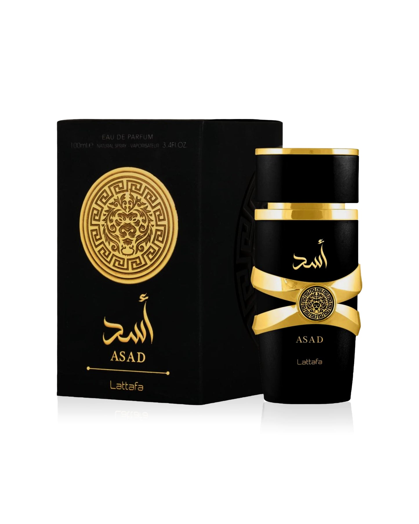 asad eau de parfum by lattafa perfume bottle beside its box shows against white background