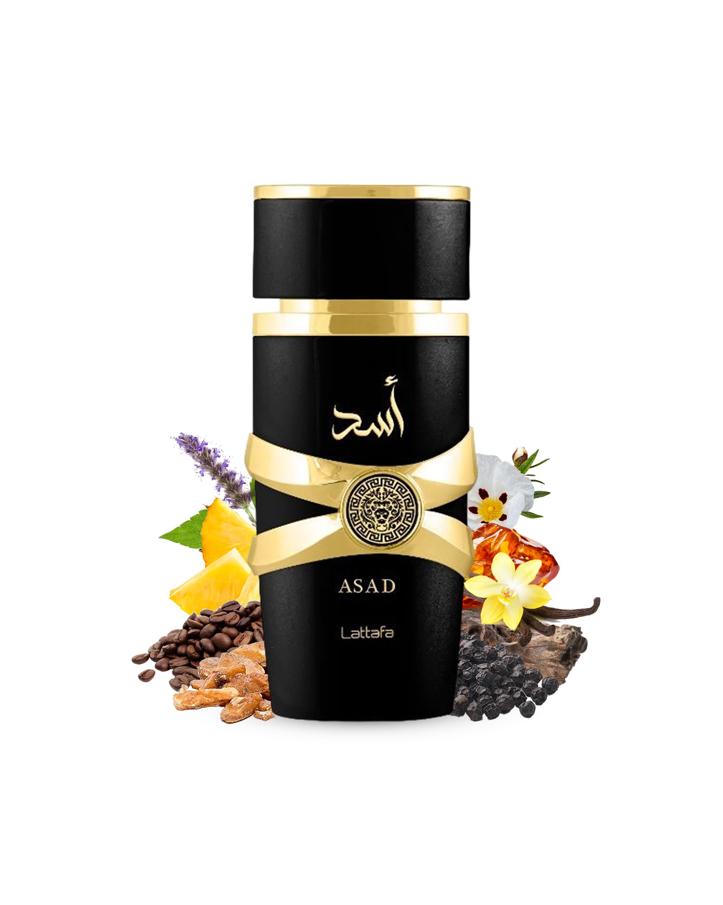 asad eau de parfum by lattafa perfume bottle surrounded with its ingredients like benjoin and vanilla with many others shows from behind the bottle against white background