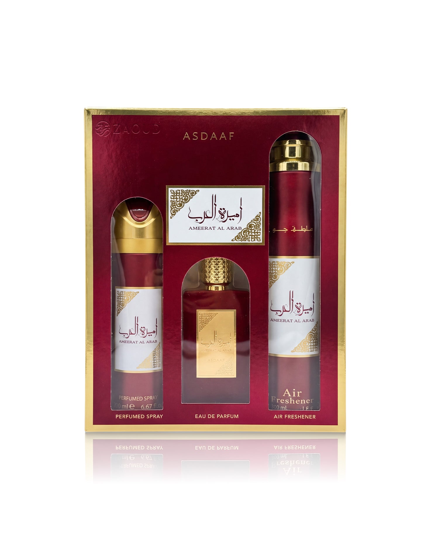 Asdaaf ameerat al arab gift set in a red and gold box, containing a perfume spray, a perfume air freshener, and a perfume spray bottle.