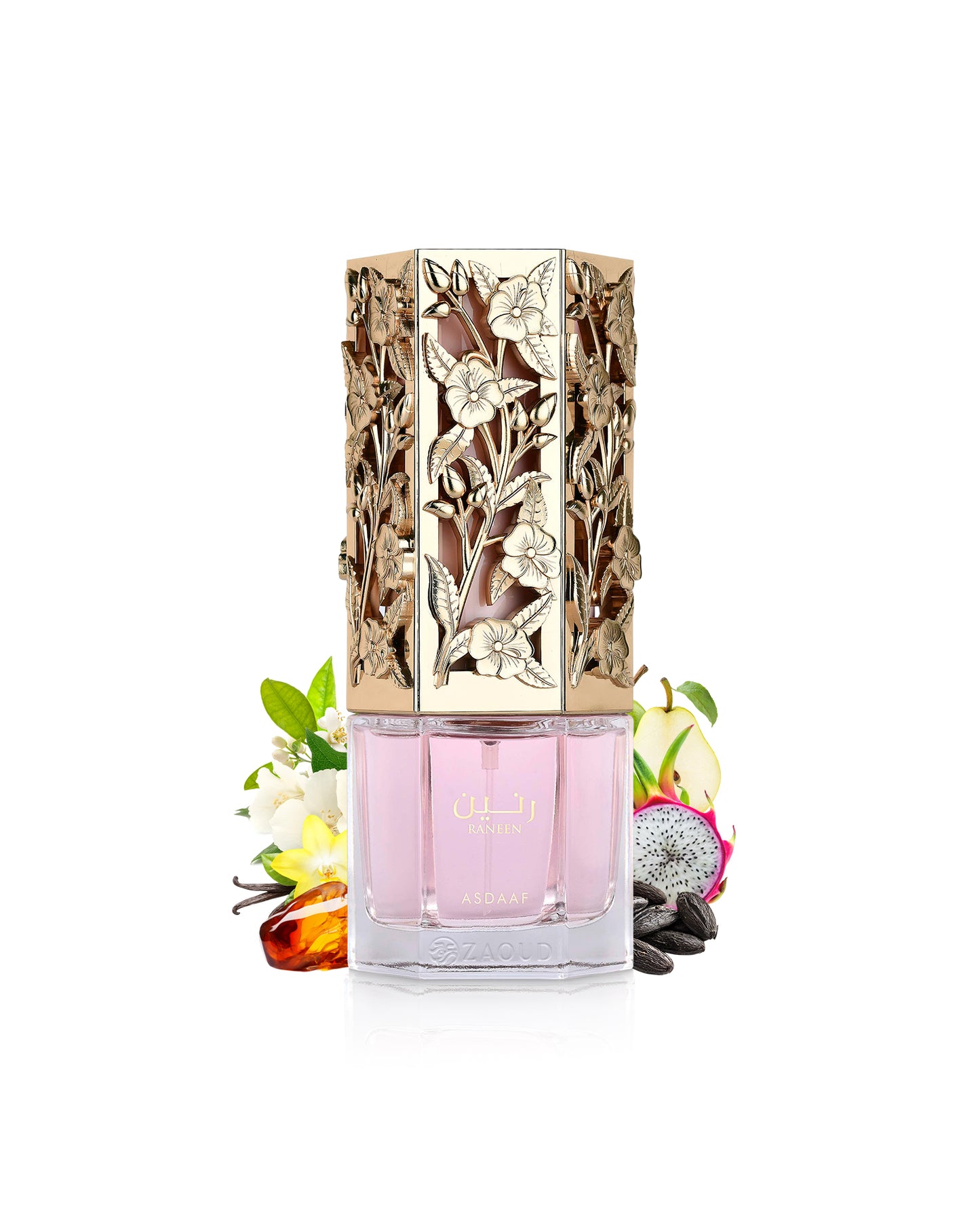 asdaaf raneen perfume bottle surrounded by fragrance notes like amber and vanilla shows against white background