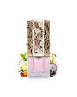 asdaaf raneen perfume bottle surrounded by fragrance notes like amber and vanilla shows against white background