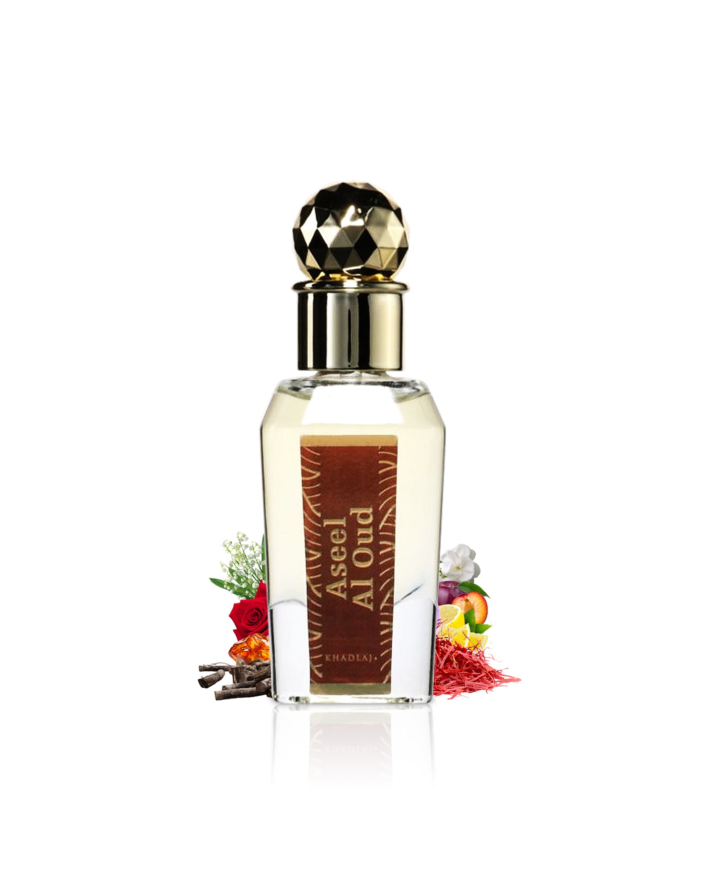 khadlaj aseel al oud perfume oil bottle surrounded with rose and amber shows from behind the bottle against white background