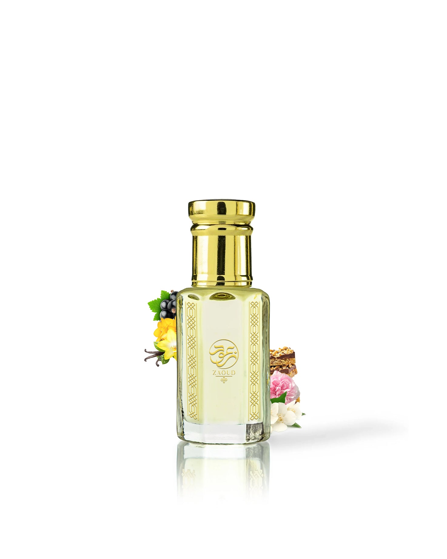 asphodel perfume oil bottle surrounded by fragrance notes like vanilla and flowers against white background