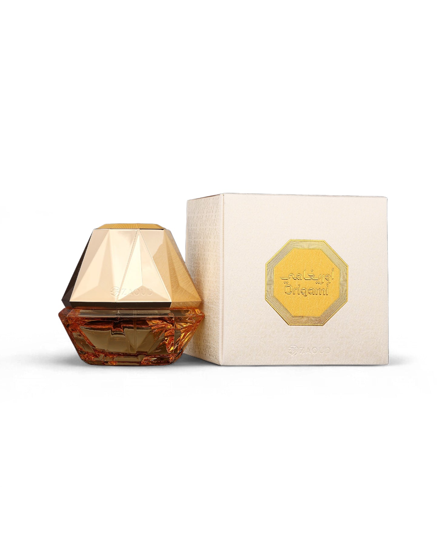 athoor al alam origami Gold perfume bottle and packaging on a white background
