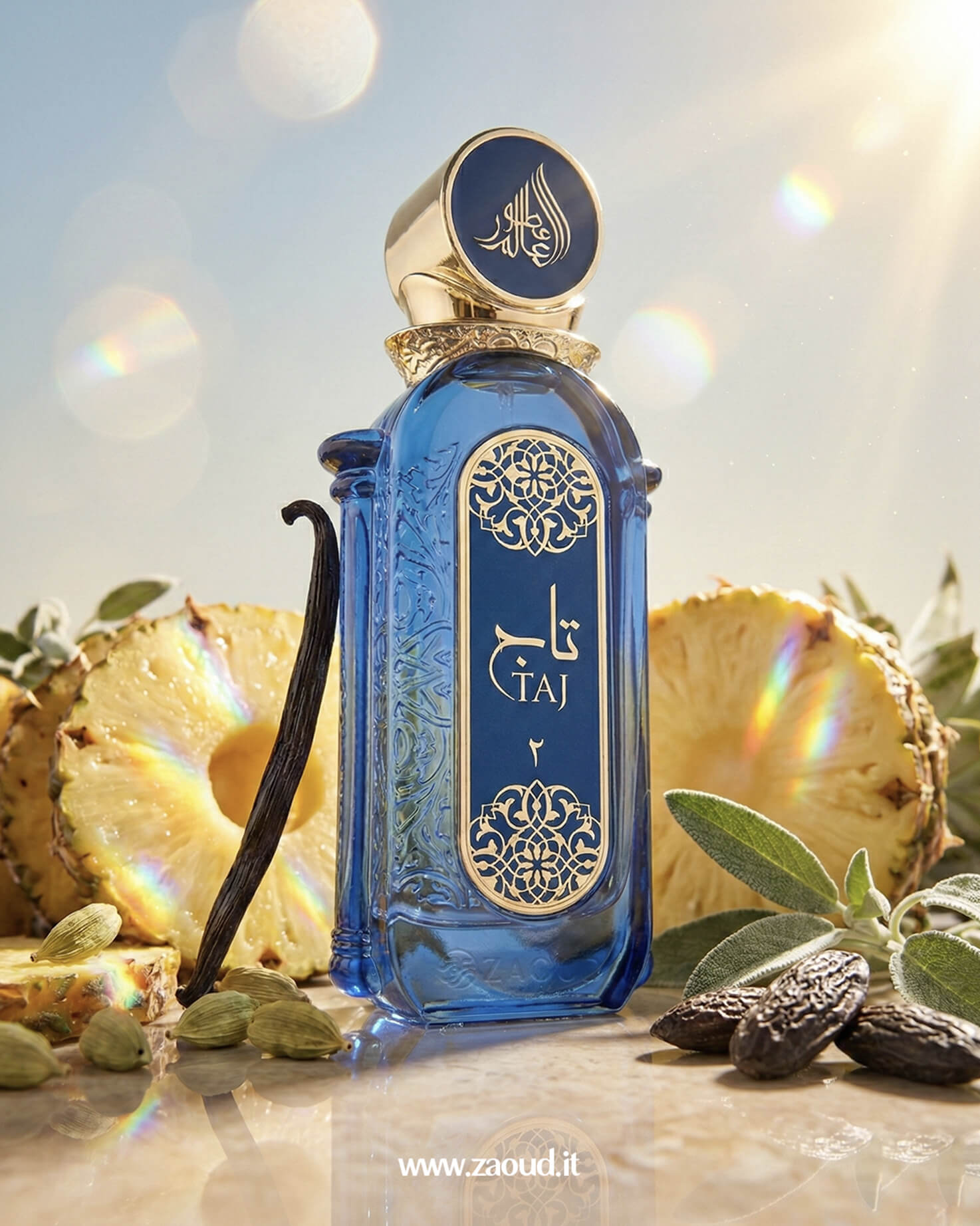Athoor Al Alam Taj 2 perfume bottle with pineapple, vanilla bean, and cardamom highlighting a fruity spicy oriental fragrance.