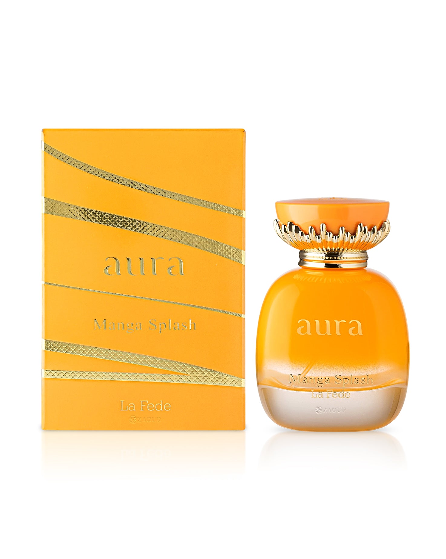 la fede aura manga splash perfume bottle shows beside its box against white background